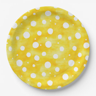 Assiettes En Carton Aquarelle Polka Dot - Terre Jaune et Blanc (2)