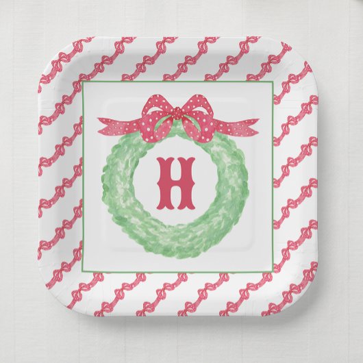 Assiettes En Carton Aquarelle Polka Rouge Pot Bow Monogramme Wreath