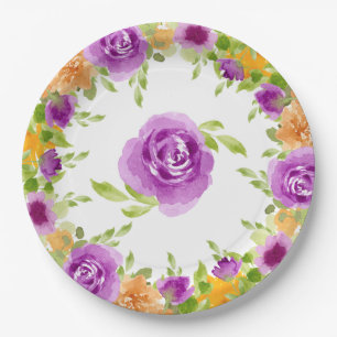 Assiettes En Carton Aquarelle pourpre fleurit Floral