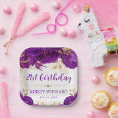Assiettes En Carton Aquarelle Purple et Fleurs d'or Anniversaire (Fête)