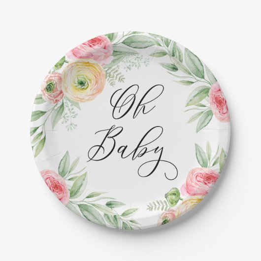 Assiettes En Carton Aquarelle Ranunculus Fleurs Baby shower de printem (Devant)