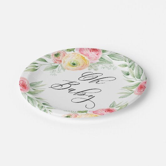 Assiettes En Carton Aquarelle Ranunculus Fleurs Baby shower de printem (Angle)