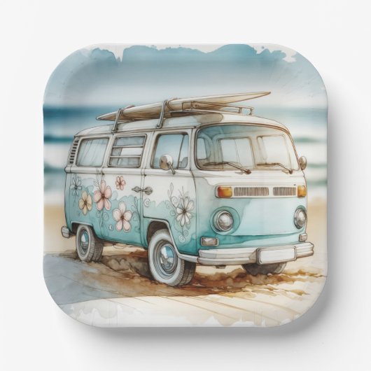 Assiettes En Carton Aquarelle Retro Campervan Avec Surf (Recto)