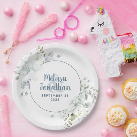 Assiettes En Carton Aquarelle romantique fleurs blanches mariage (Fête)