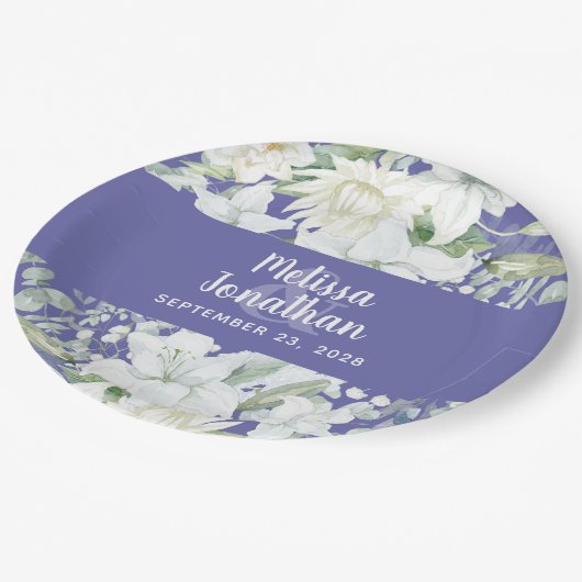 Assiettes En Carton Aquarelle romantique fleurs blanches mariage (Angle)