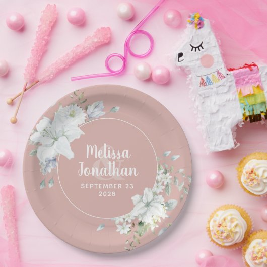 Assiettes En Carton Aquarelle romantique fleurs blanches mariage (Fête)