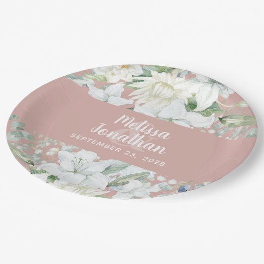 Assiettes En Carton Aquarelle romantique fleurs blanches mariage (Angle)