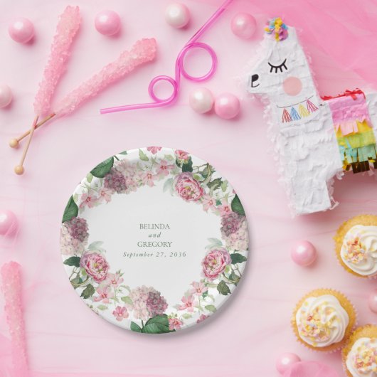 Assiettes En Carton Aquarelle romantique Fleurs roses Mariage de jardi (Fête)