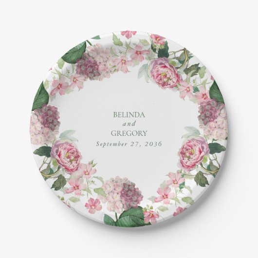 Assiettes En Carton Aquarelle romantique Fleurs roses Mariage de jardi (Devant)