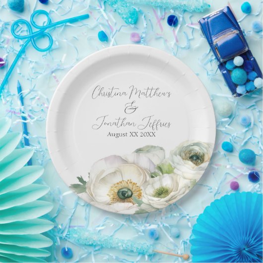 Assiettes En Carton Aquarelle romantique Ranunculus blanc (Fête)