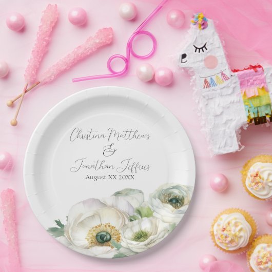 Assiettes En Carton Aquarelle romantique Ranunculus blanc (Fête)