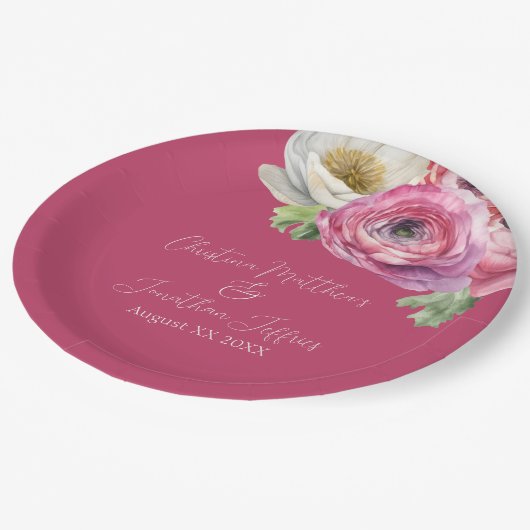 Assiettes En Carton Aquarelle romantique Ranunculus rose sur Blush (Angle)
