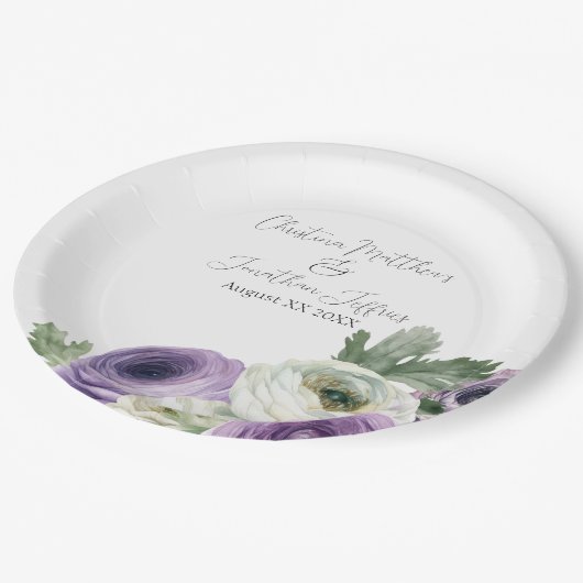 Assiettes En Carton Aquarelle romantique violet et blanc Ranunculus (Angle)