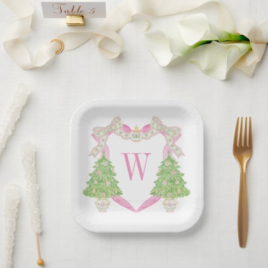 Assiettes En Carton Aquarelle rose Arbre de Noël Monogramme Crest (Mariage)