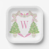 Assiettes En Carton Aquarelle rose Arbre de Noël Monogramme Crest (Recto)