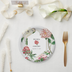 Assiettes En Carton Aquarelle rose blanc pivoines Mariage