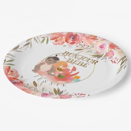 Assiettes En Carton Aquarelle Rose Bonjour Fille Bébé (Angle)