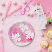 Assiettes En Carton Aquarelle rose chaud moderne et feuilles d'érable (Fête)