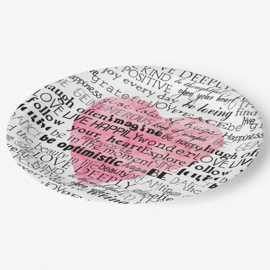 Assiettes En Carton Aquarelle rose Coeur Mots inspirants (Angle)