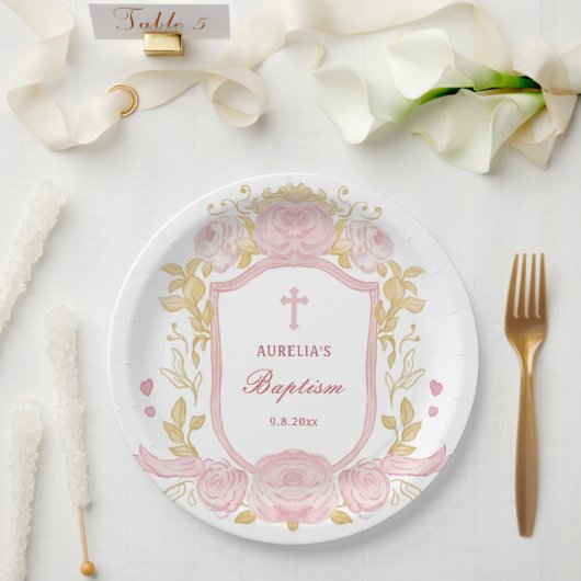 Assiettes En Carton Aquarelle Rose Crest Baptême (Mariage)