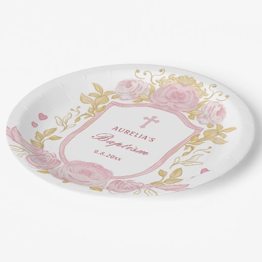 Assiettes En Carton Aquarelle Rose Crest Baptême (Angle)