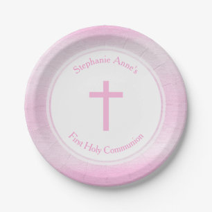 Assiettes En Carton Aquarelle rose de communion