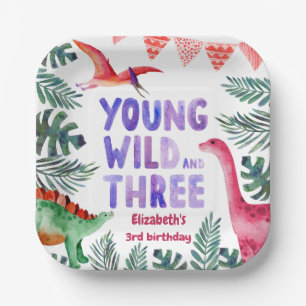 Assiettes En Carton Aquarelle rose Dinosaure Young Wild et Three