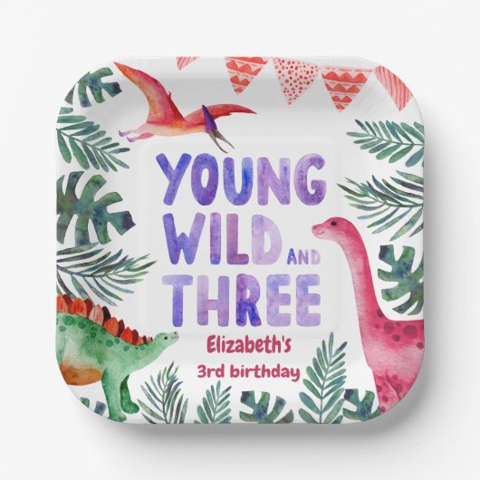 Assiettes En Carton Aquarelle rose Dinosaure Young Wild et Three (Recto)