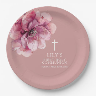 Assiettes En Carton Aquarelle rose Élégante Floral Sainte Communion