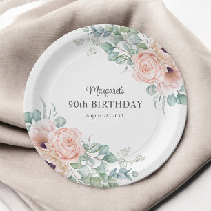 Assiettes En Carton Aquarelle rose et beige Floral 90e anniversaire
