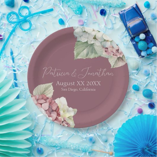 Assiettes En Carton Aquarelle rose et blanc Fleurs d'hydrangée sur le (Fête)