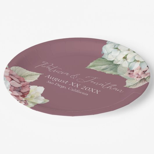 Assiettes En Carton Aquarelle rose et blanc Fleurs d'hydrangée sur le (Angle)