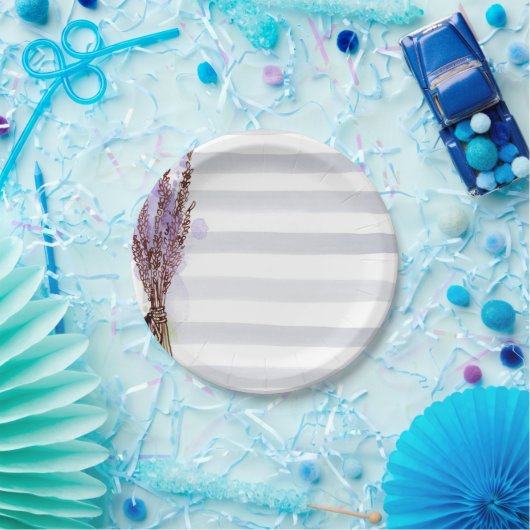 Assiettes En Carton Aquarelle rose et blanc rayures florales (Fête)