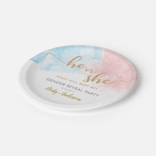 Assiettes En Carton Aquarelle rose et bleu Parties scintillant or Révé (Angle)