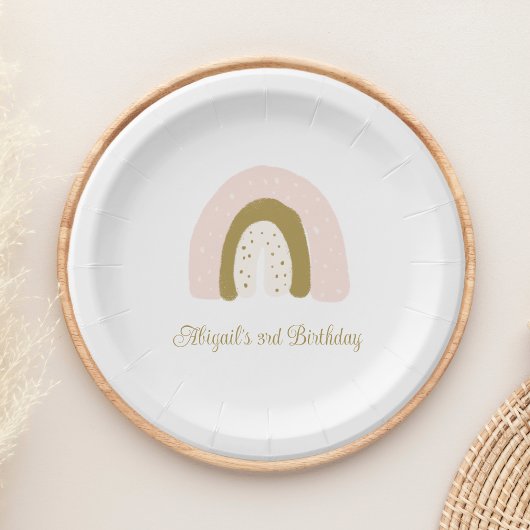 Assiettes En Carton Aquarelle rose et or Rainbow fête d'anniversaire