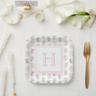 Assiettes En Carton Aquarelle rose et vert Mahjong Tiles Monogramme