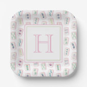 Assiettes En Carton Aquarelle rose et vert Mahjong Tiles Monogramme (Recto)