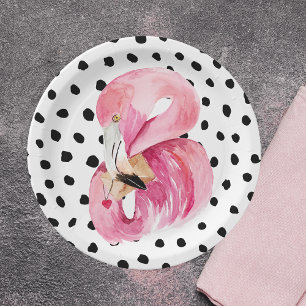 Assiettes En Carton Aquarelle rose exotique moderne Flamant rose & poi