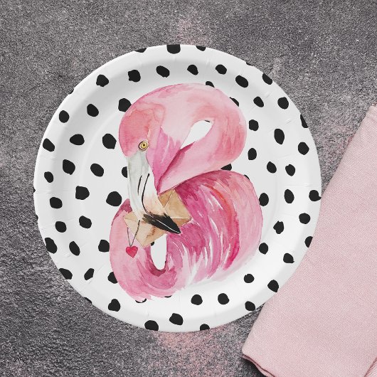 Assiettes En Carton Aquarelle rose exotique moderne Flamant rose & poi