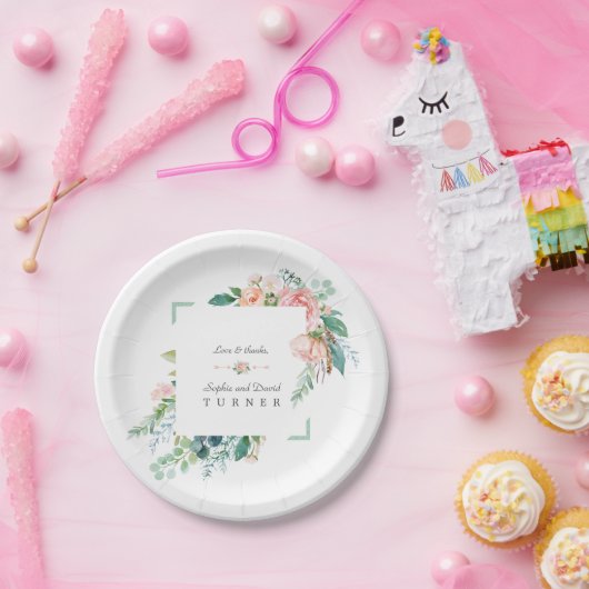 Assiettes En Carton Aquarelle rose Fleurs blanches Mariage cadre vert (Fête)