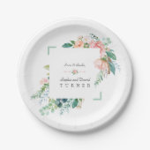 Assiettes En Carton Aquarelle rose Fleurs blanches Mariage cadre vert (Devant)