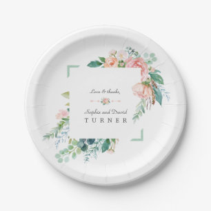 Assiettes En Carton Aquarelle rose Fleurs blanches Mariage cadre vert