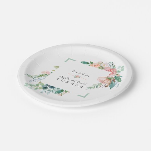 Assiettes En Carton Aquarelle rose Fleurs blanches Mariage cadre vert (Angle)