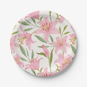 Assiettes En Carton Aquarelle rose Fleurs Lys Botanique