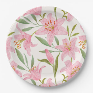 Assiettes En Carton Aquarelle rose Fleurs Lys Botanique
