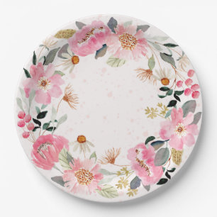 Assiettes En Carton Aquarelle rose Floral