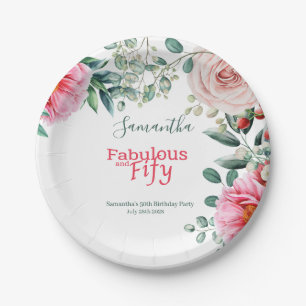 Assiettes En Carton Aquarelle rose Floral 50e fête d'anniversaire