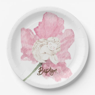 Assiettes En Carton Aquarelle rose Floral Blanc Enfant Angel Baptême