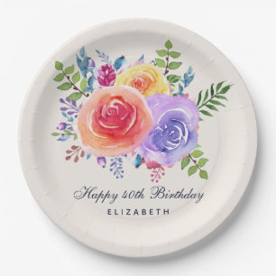 Assiettes En Carton Aquarelle Rose Floral Bouquet Anniversaire