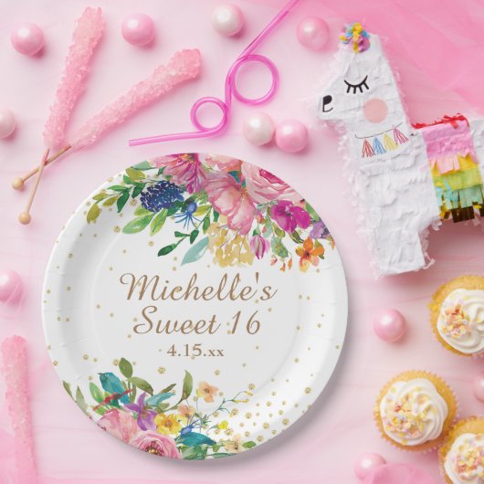 Assiettes En Carton Aquarelle rose Floral Parties scintillant or doux (Fête)